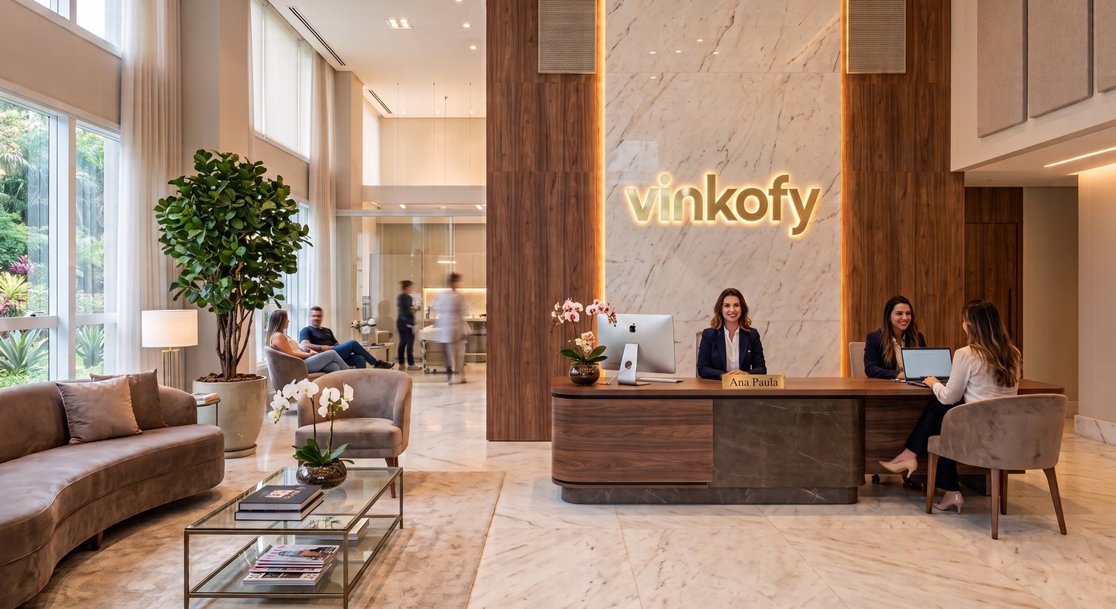 Recepção de clínica ampla e clara, com a marca Vinkofy iluminada na parede de mármore